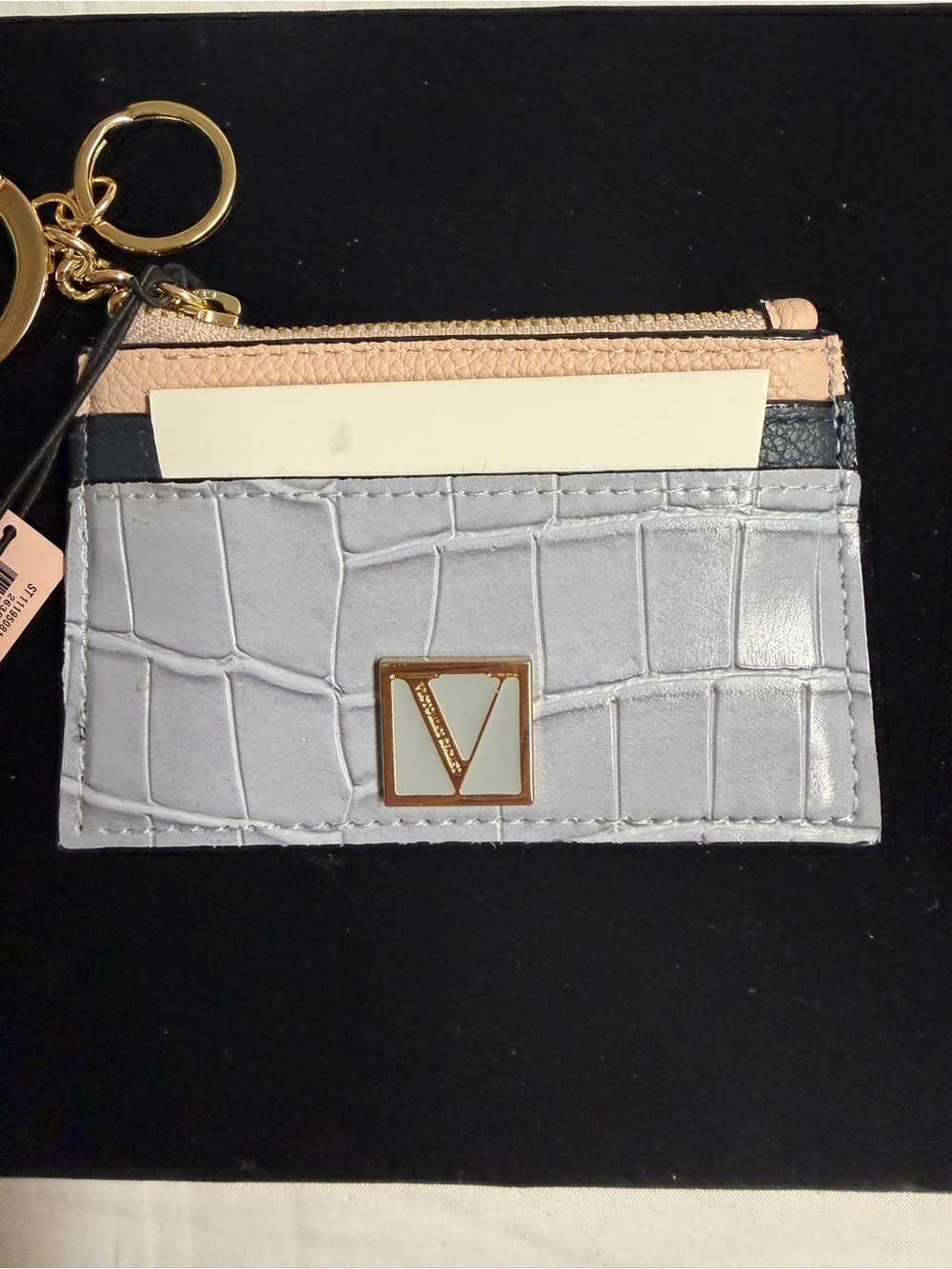 Victoria’s Secret Gray Croc-Embossed Card Case with Pink Zip Pocket